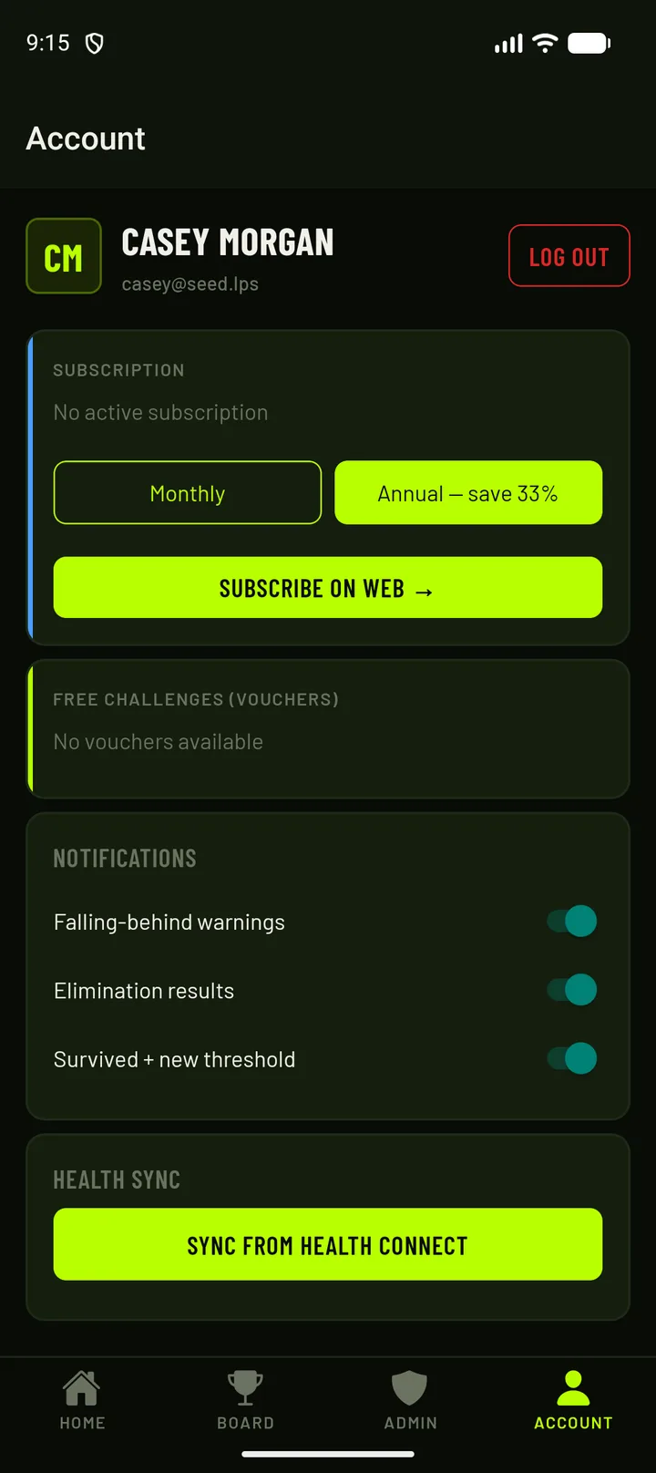 LPS account screen with the Health Connect sync section
