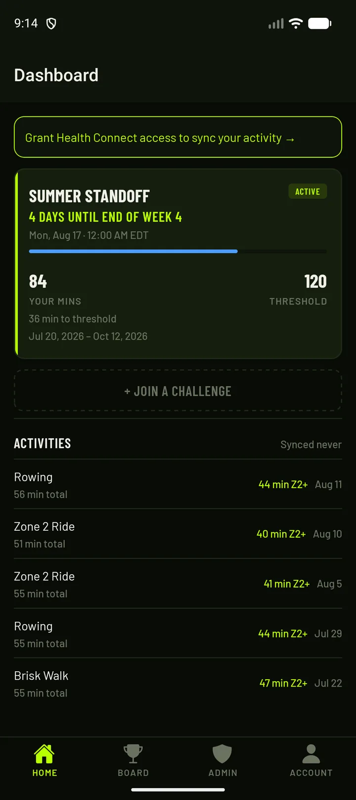 LPS dashboard showing an active challenge in week 4 with 84 of 120 threshold minutes